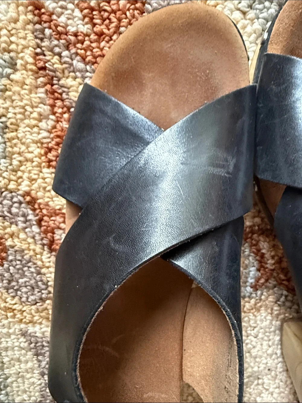 Clarks Black Leather Crossover Sandal with Wood Heel